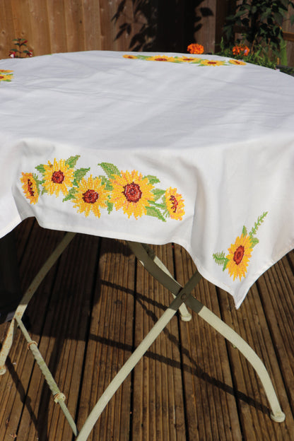 Cross stitched cotton tablecloth with sunflower design
