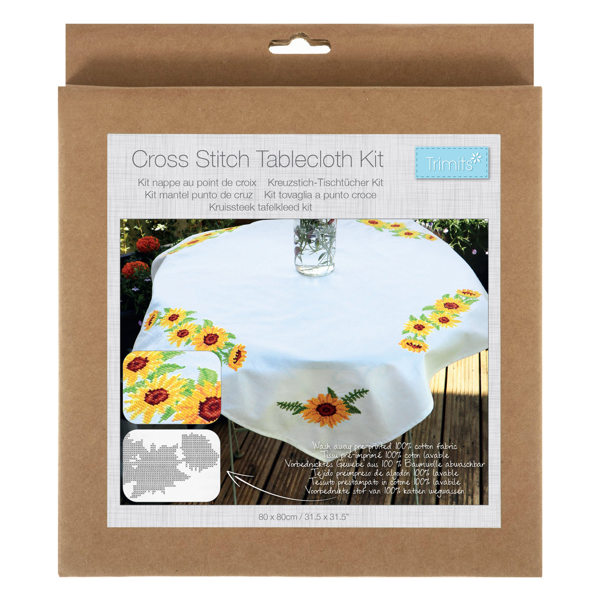 Cross stitched cotton tablecloth with sunflower design