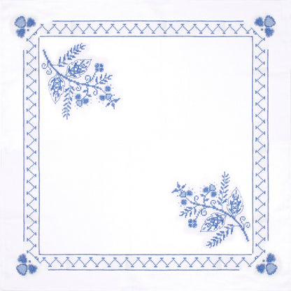 Cross stitched cotton tablecloth with blue floral design
