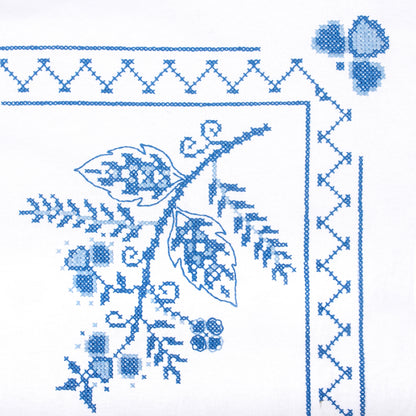 Cross stitched cotton tablecloth with blue floral design