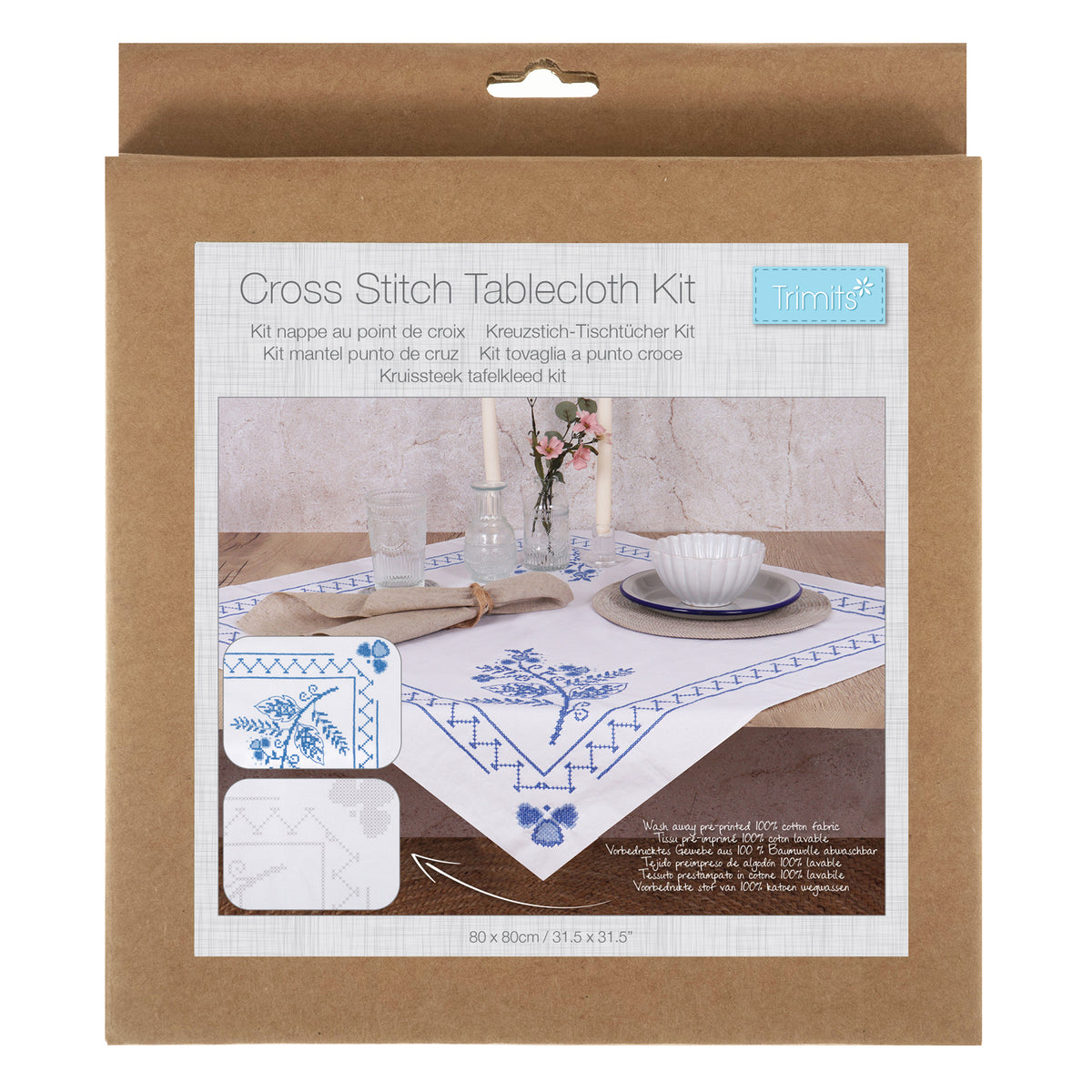 Cross stitched cotton tablecloth with blue floral design