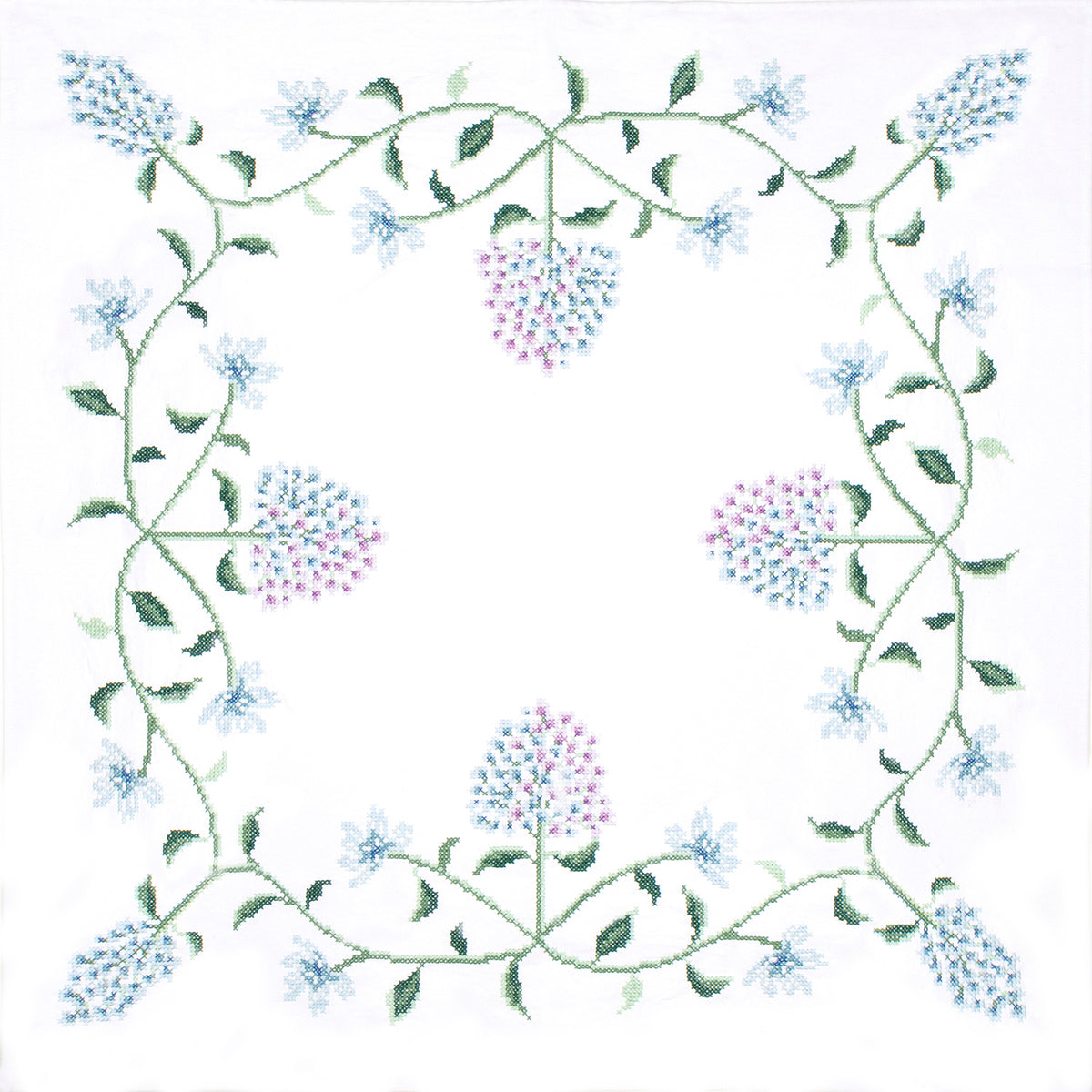 Cross stitched cotton tablecloth with hydrangea design