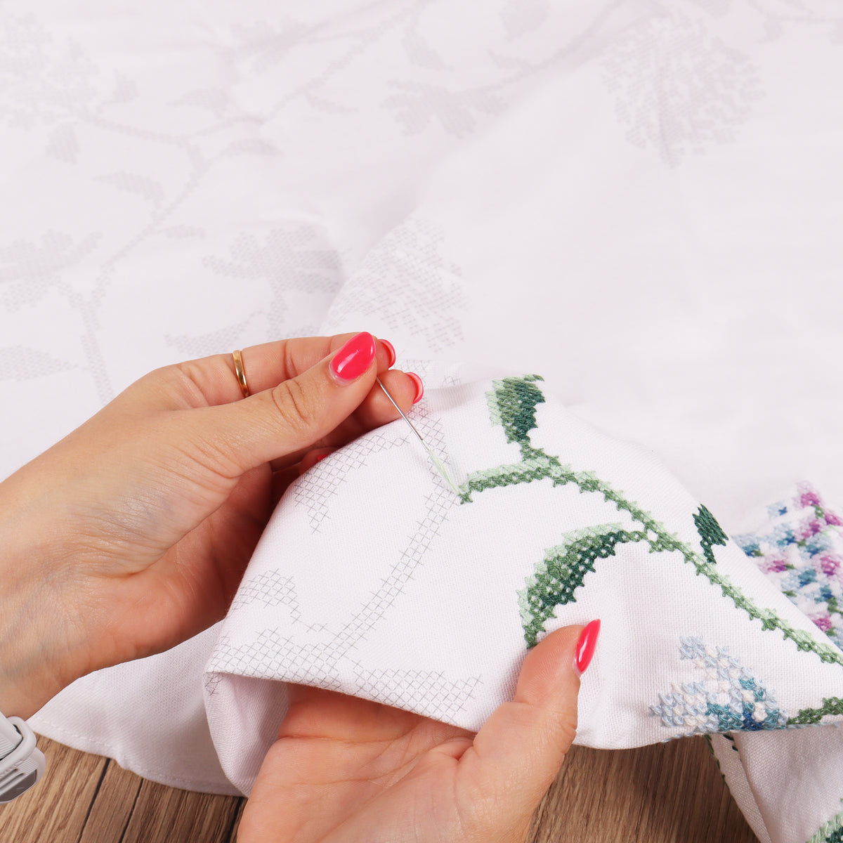 Cross stitched cotton tablecloth with hydrangea design