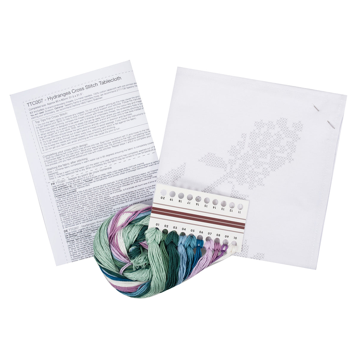 Cross stitched cotton tablecloth with hydrangea design