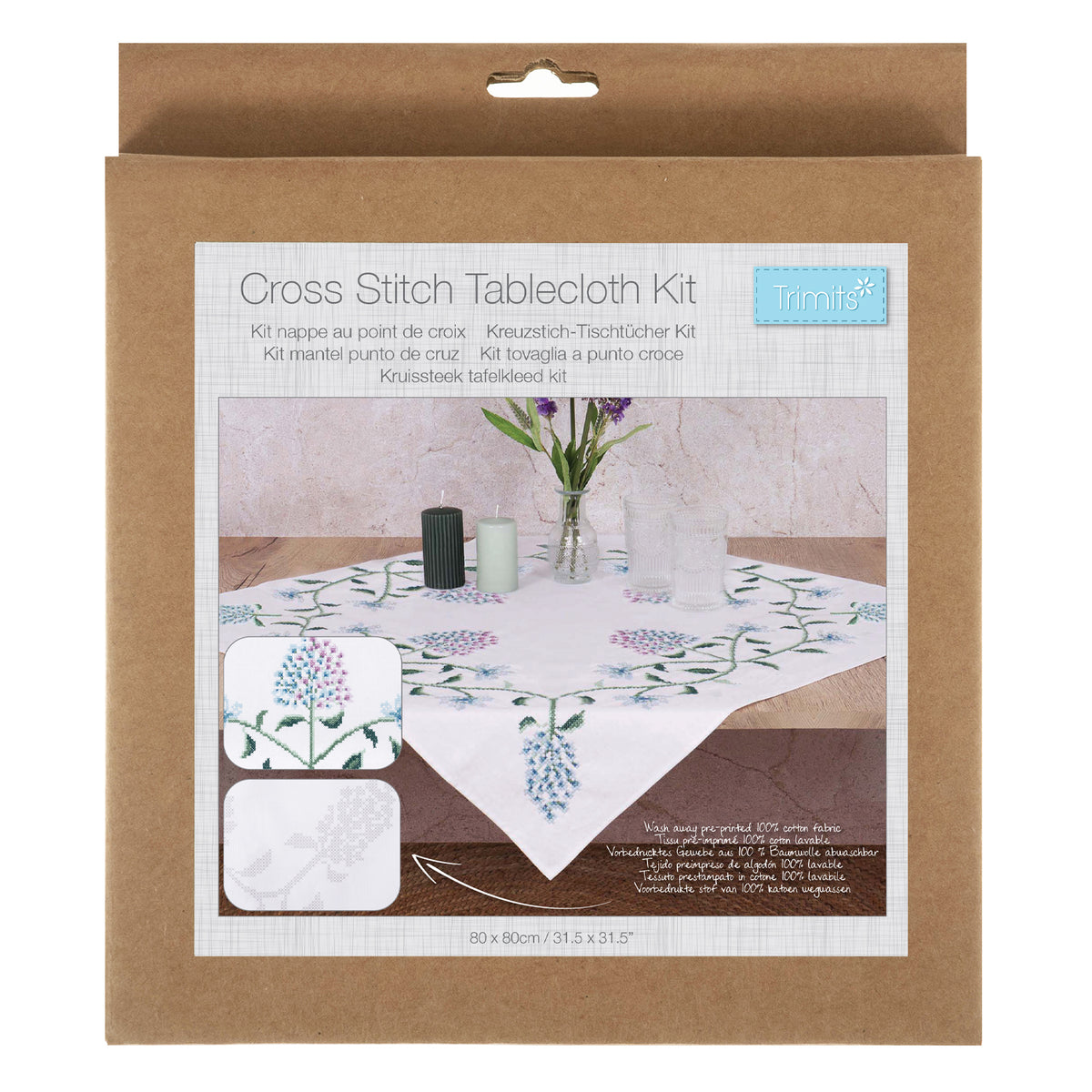 Cross stitched cotton tablecloth with hydrangea design