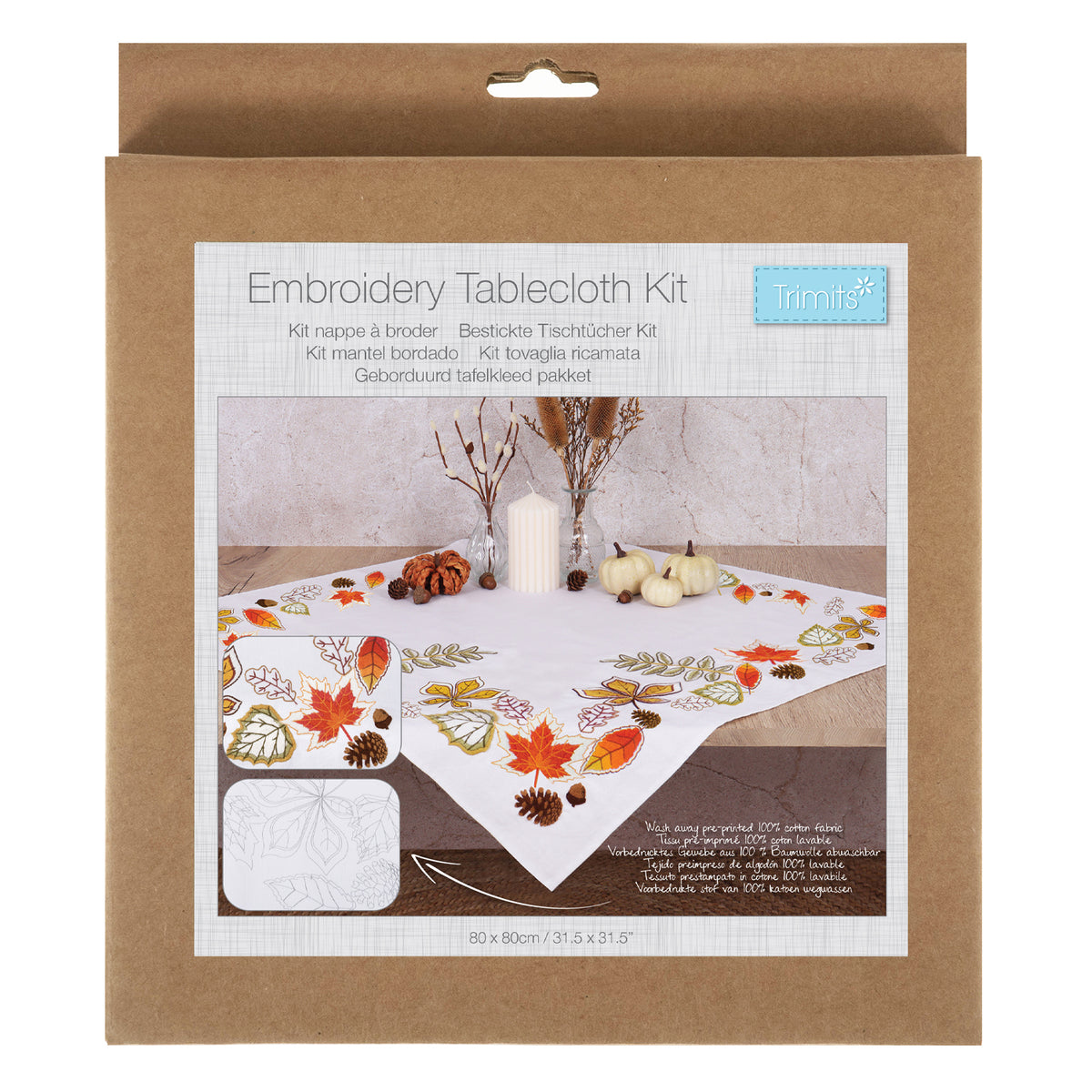 Embroidered cotton tablecloth with autumn leaves design