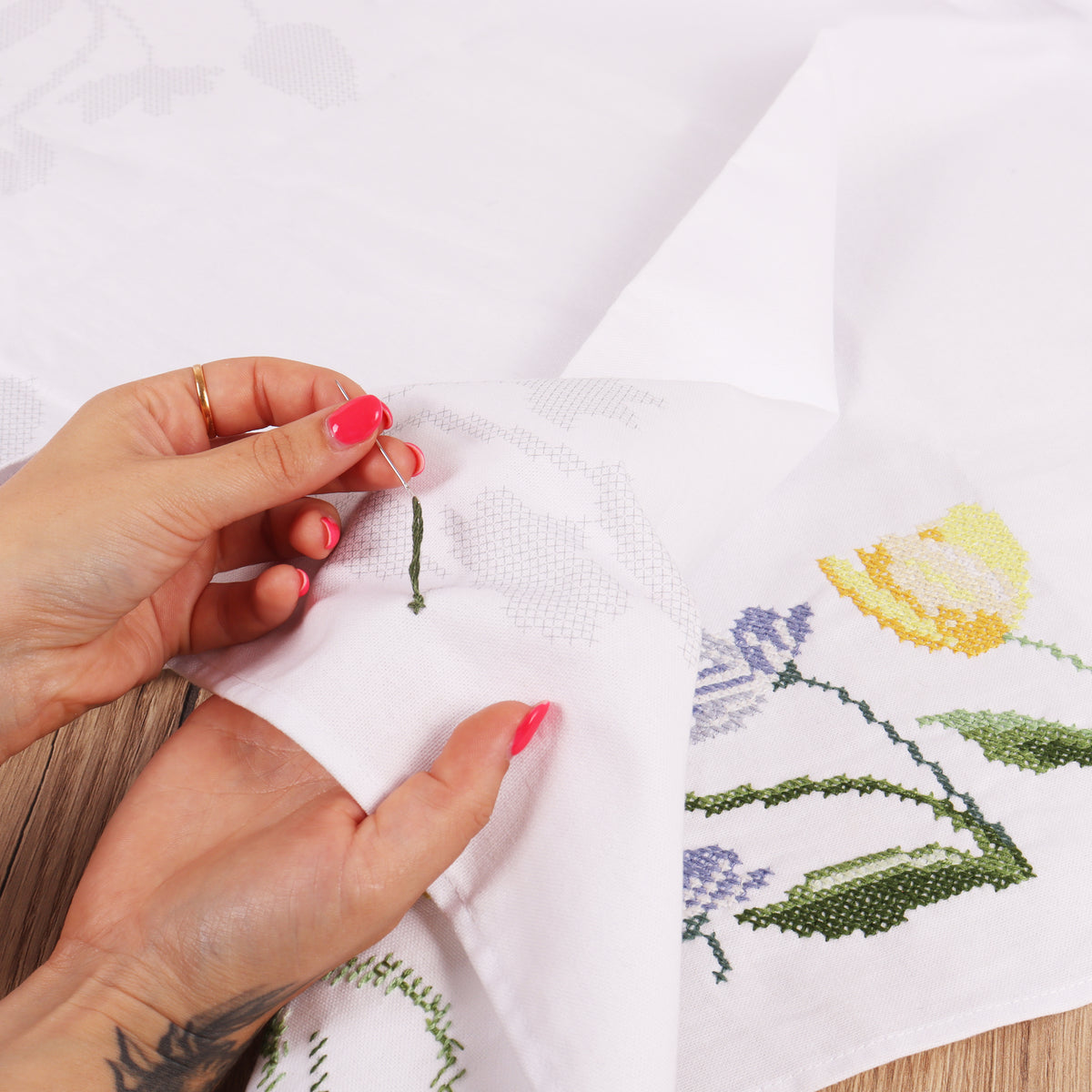 Trimits Tulips cross stitch tablecloth kit with printed design