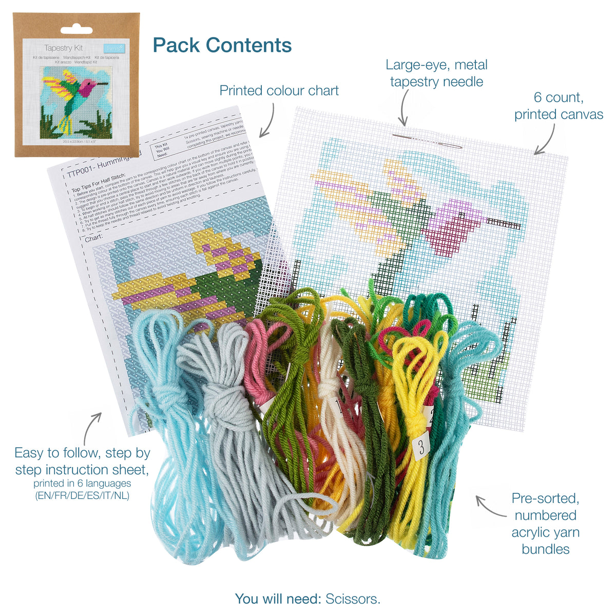 Trimits Hummingbird half stitch tapestry kit on printed canvas