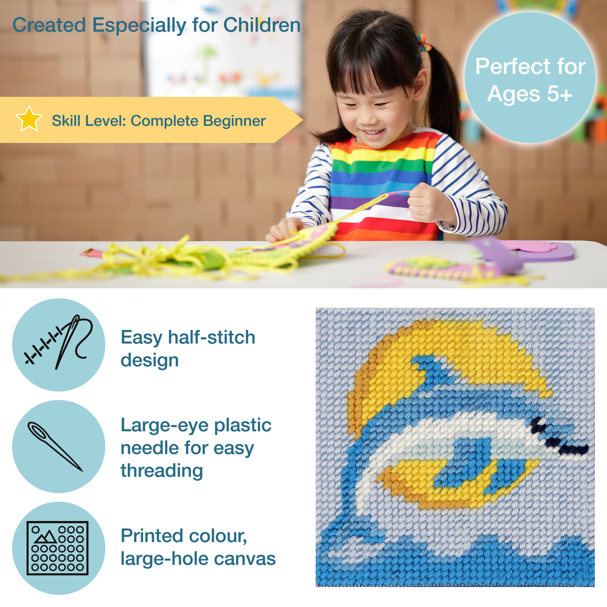 Trimits children's jumping dolphin half stitch tapestry kit