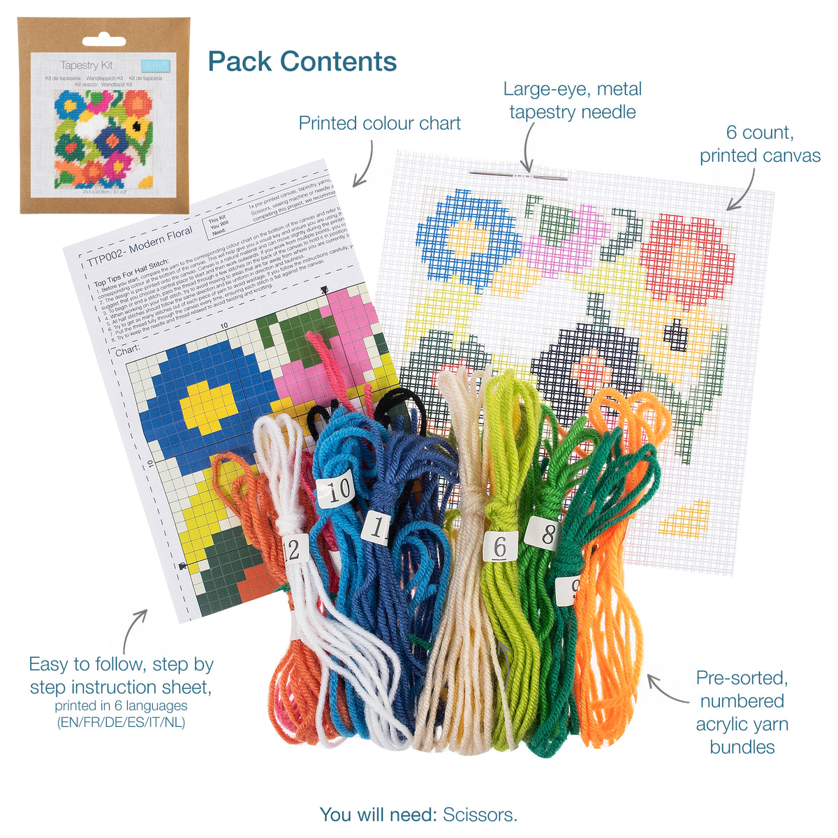 Trimits Contemporary Floral half stitch tapestry kit on printed canvas