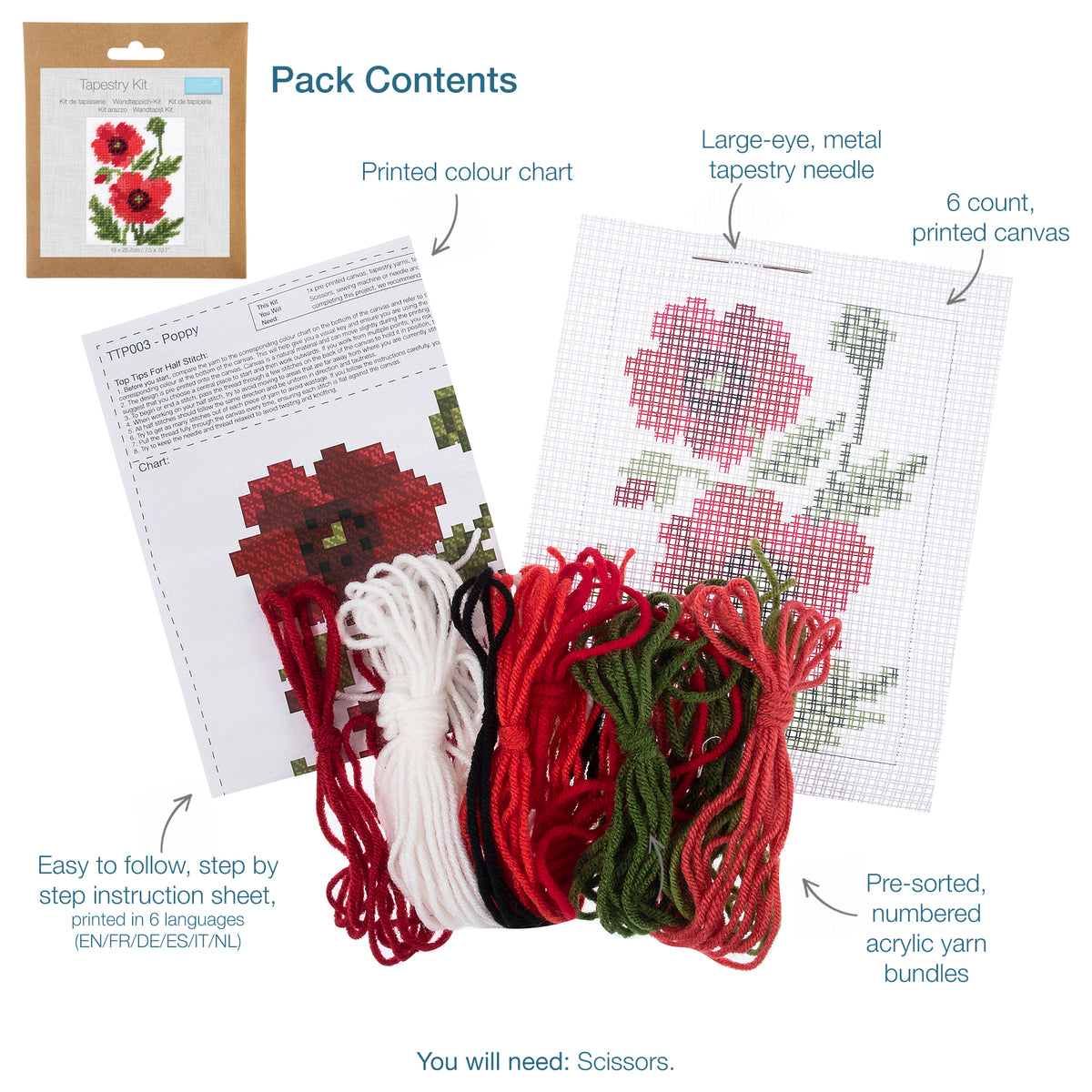 Trimits Poppies half stitch tapestry kit on printed canvas