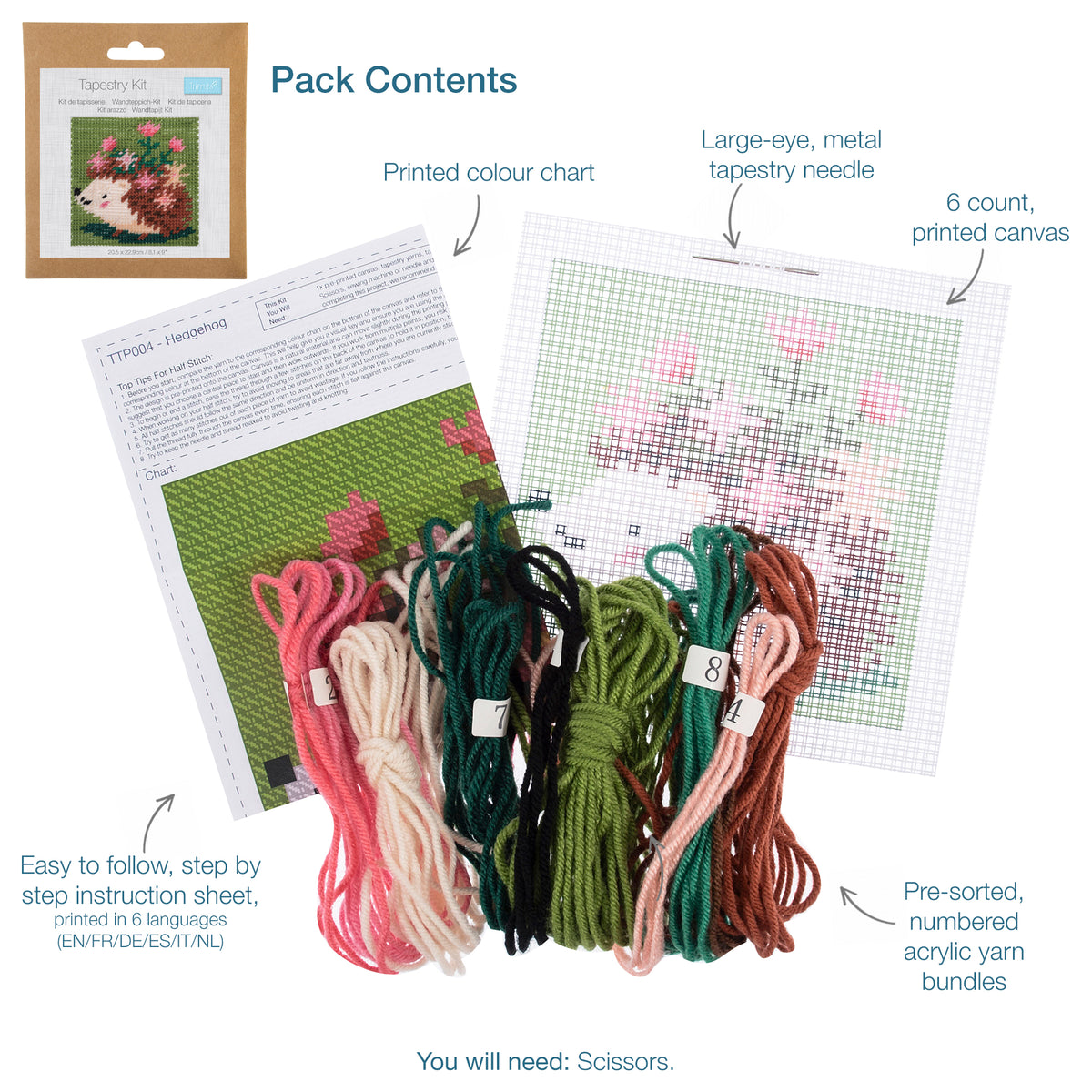 Trimits Hedgehog half stitch tapestry kit on printed canvas