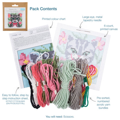 Trimits Cat half stitch tapestry kit on printed canvas