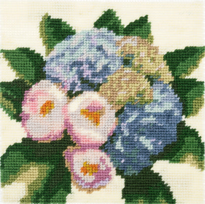 Trimits Hydrangea Bouquet half stitch tapestry kit on printed canvas