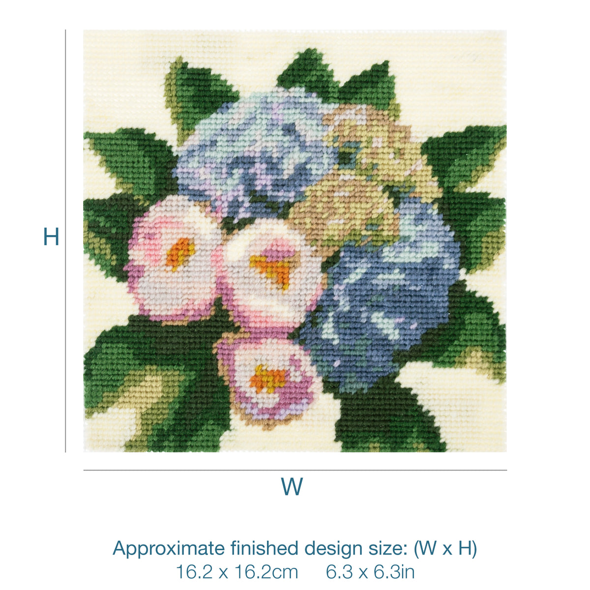 Trimits Hydrangea Bouquet half stitch tapestry kit on printed canvas