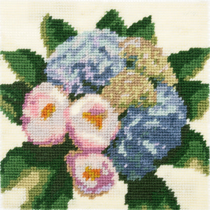 Trimits Hydrangea Bouquet half stitch tapestry kit on printed canvas