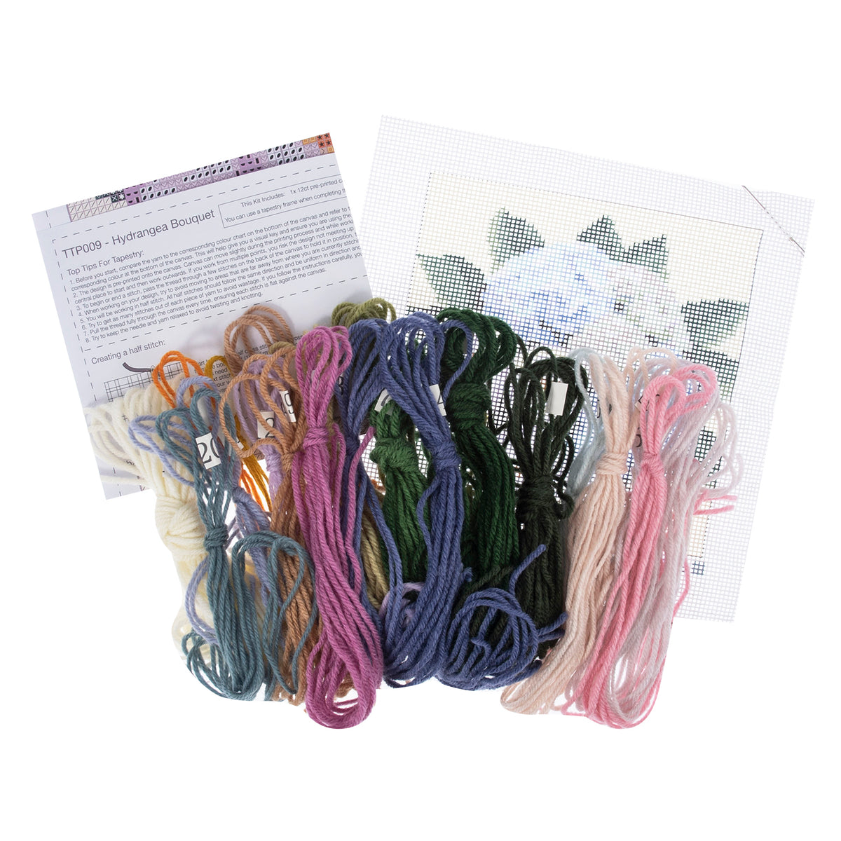 Trimits Hydrangea Bouquet half stitch tapestry kit on printed canvas
