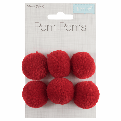 Trimits Red Fluffy Pom Poms - 3cm (Pack of 6)