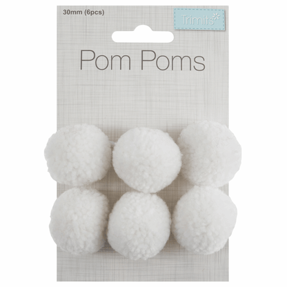 Trimits White Fluffy Pom Poms - 3cm (Pack of 6)