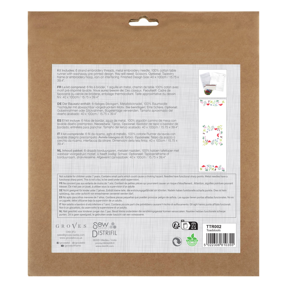 Trimits Toadstools embroidery table runner kit with printed design