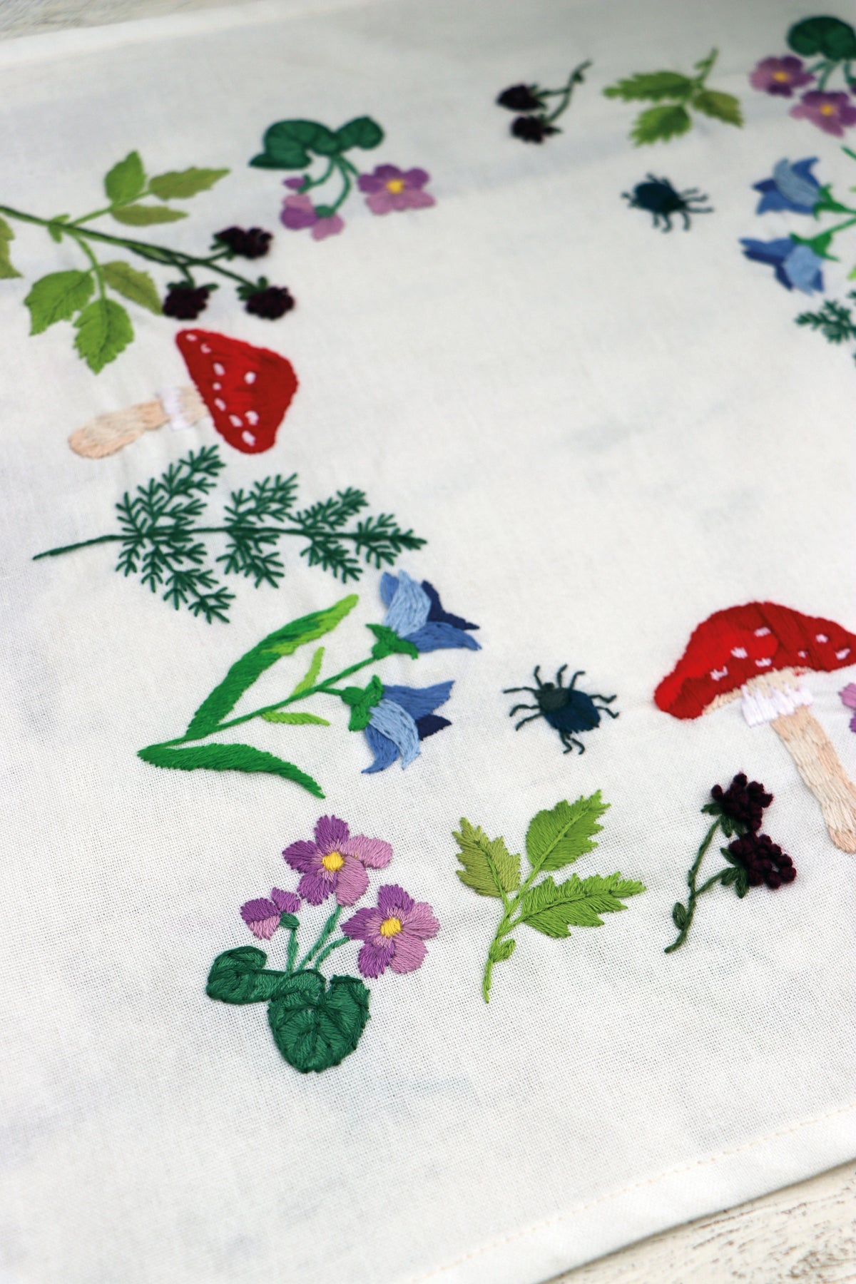 Trimits Toadstools embroidery table runner kit with printed design