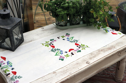 Trimits Toadstools embroidery table runner kit with printed design