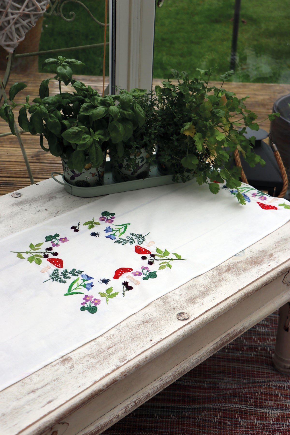 Trimits Toadstools embroidery table runner kit with printed design