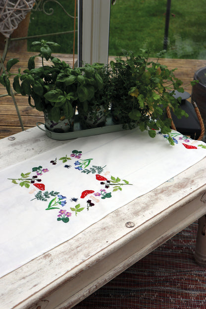 Trimits Toadstools embroidery table runner kit with printed design