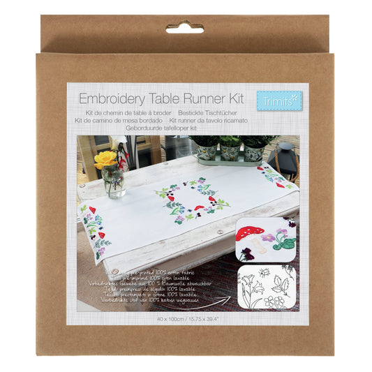 Trimits Toadstools embroidery table runner kit with printed design