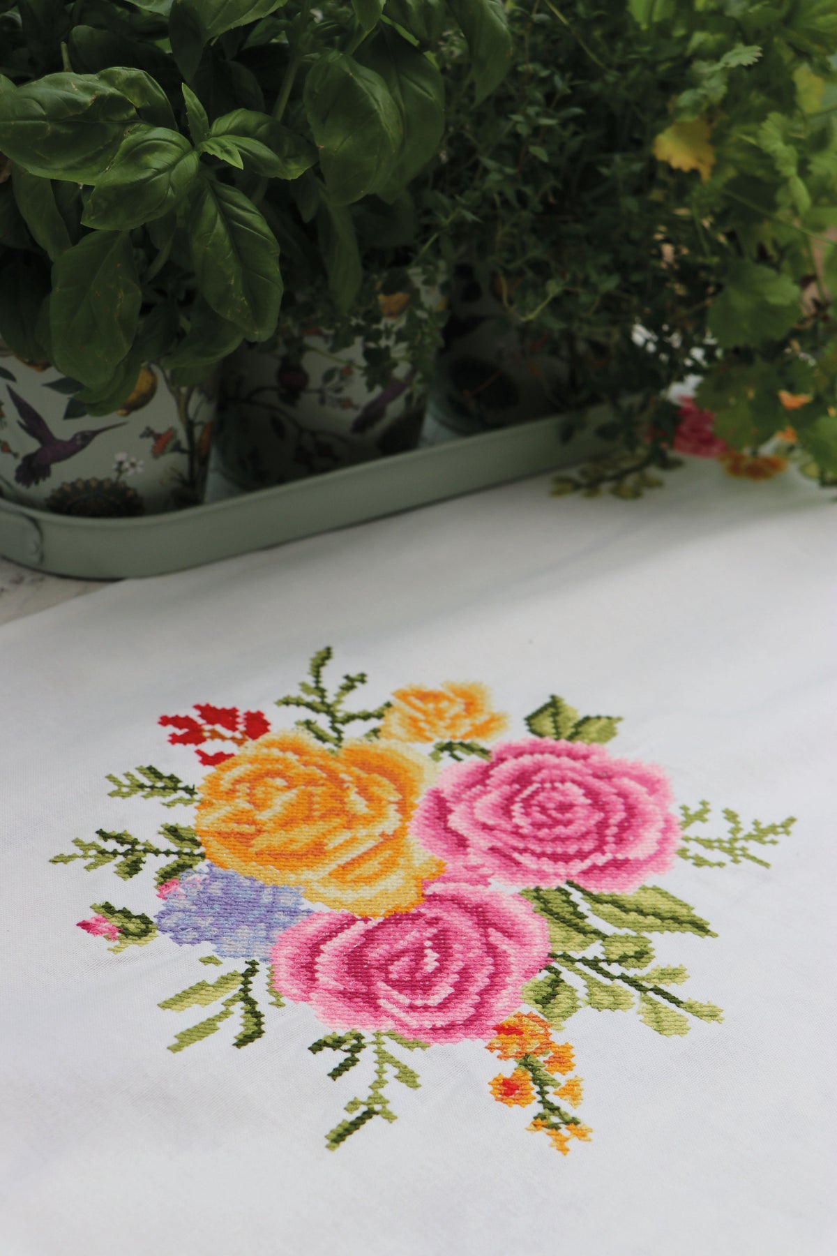 Trimits Floral Bouquet cross stitch table runner kit with printed design