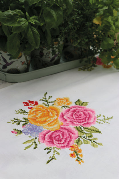 Trimits Floral Bouquet cross stitch table runner kit with printed design