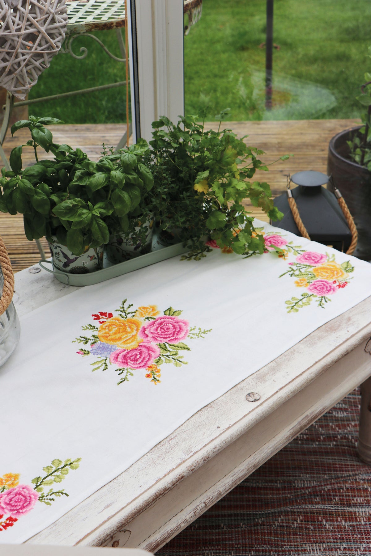 Trimits Floral Bouquet cross stitch table runner kit with printed design
