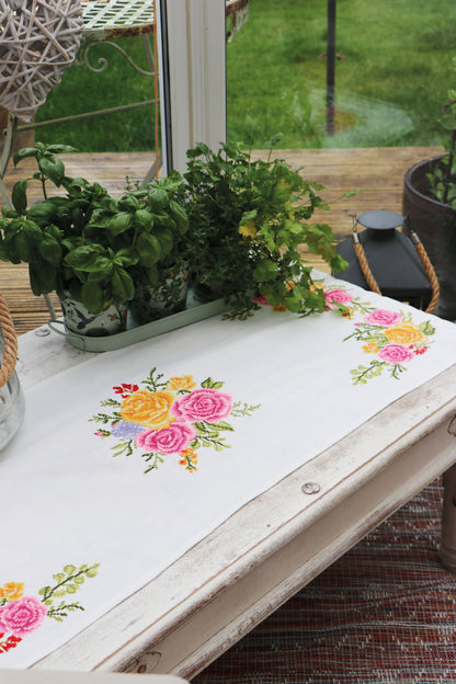 Trimits Floral Bouquet cross stitch table runner kit with printed design