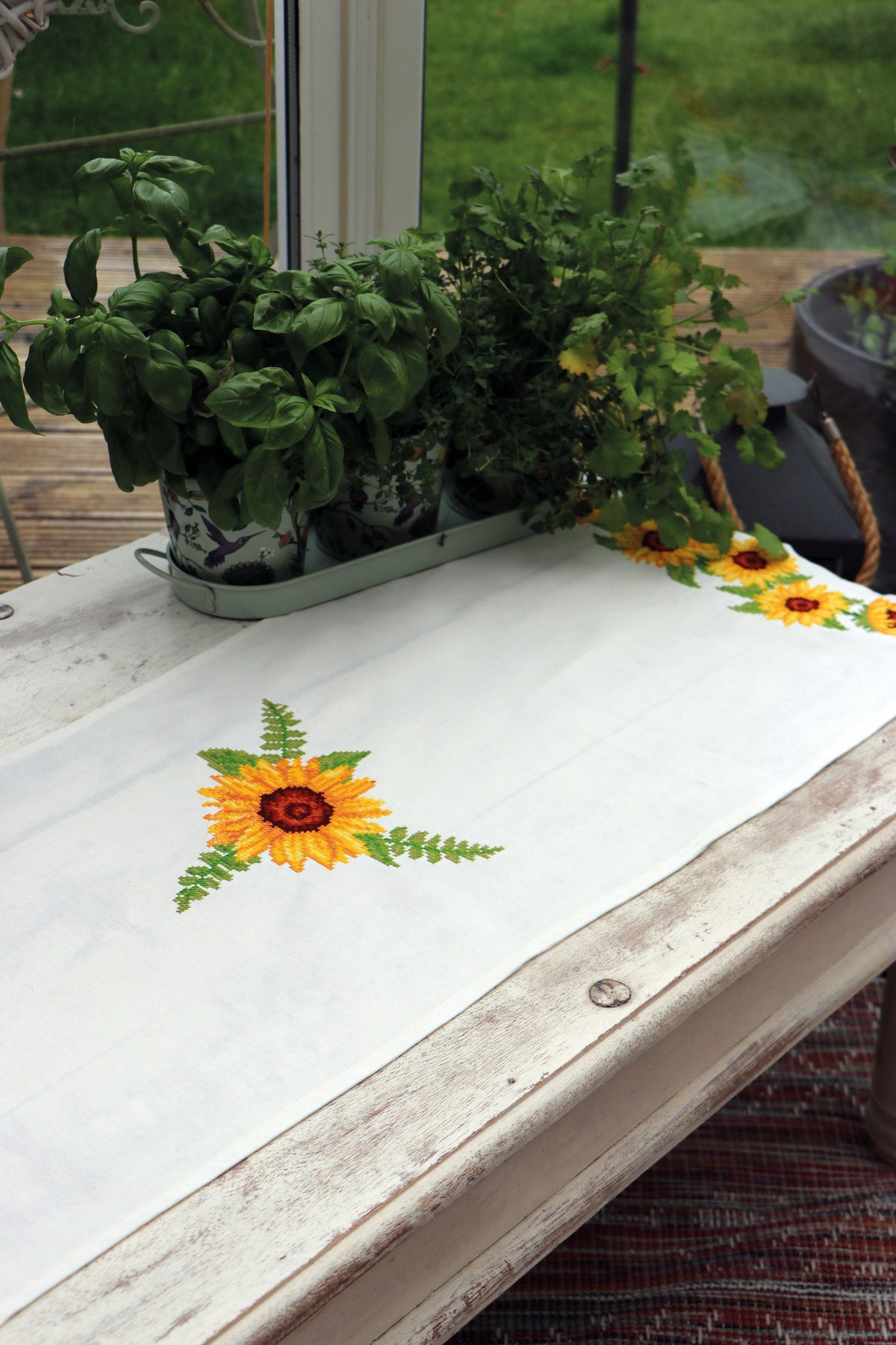 Trimits Sunflowers cross stitch table runner kit with printed design