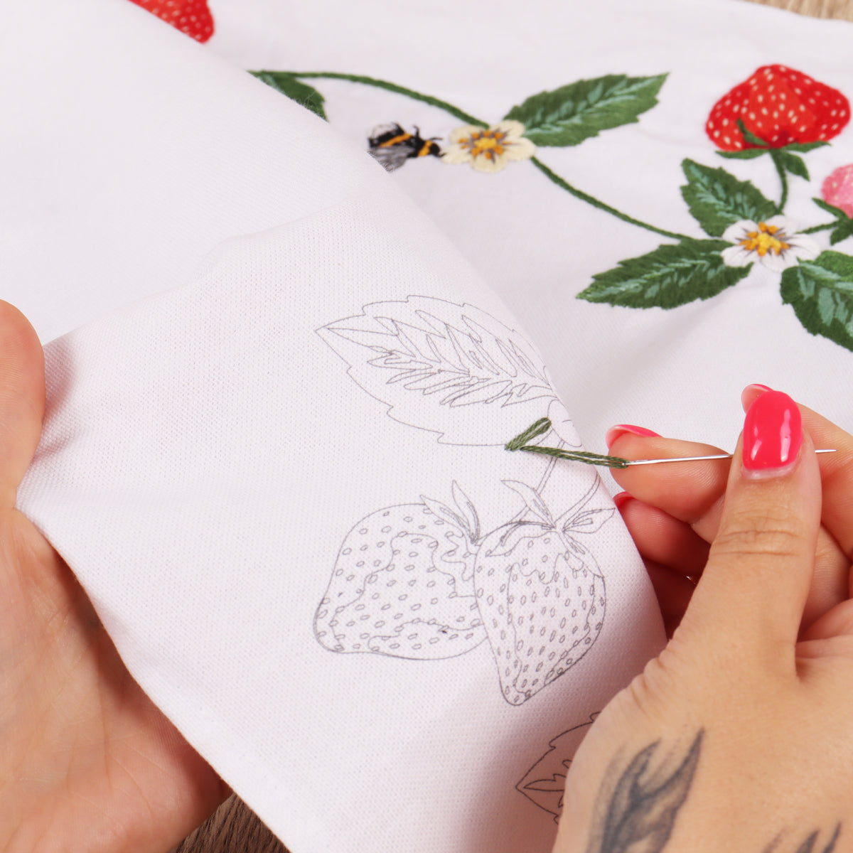 Trimits Strawberries embroidery table runner kit with printed design