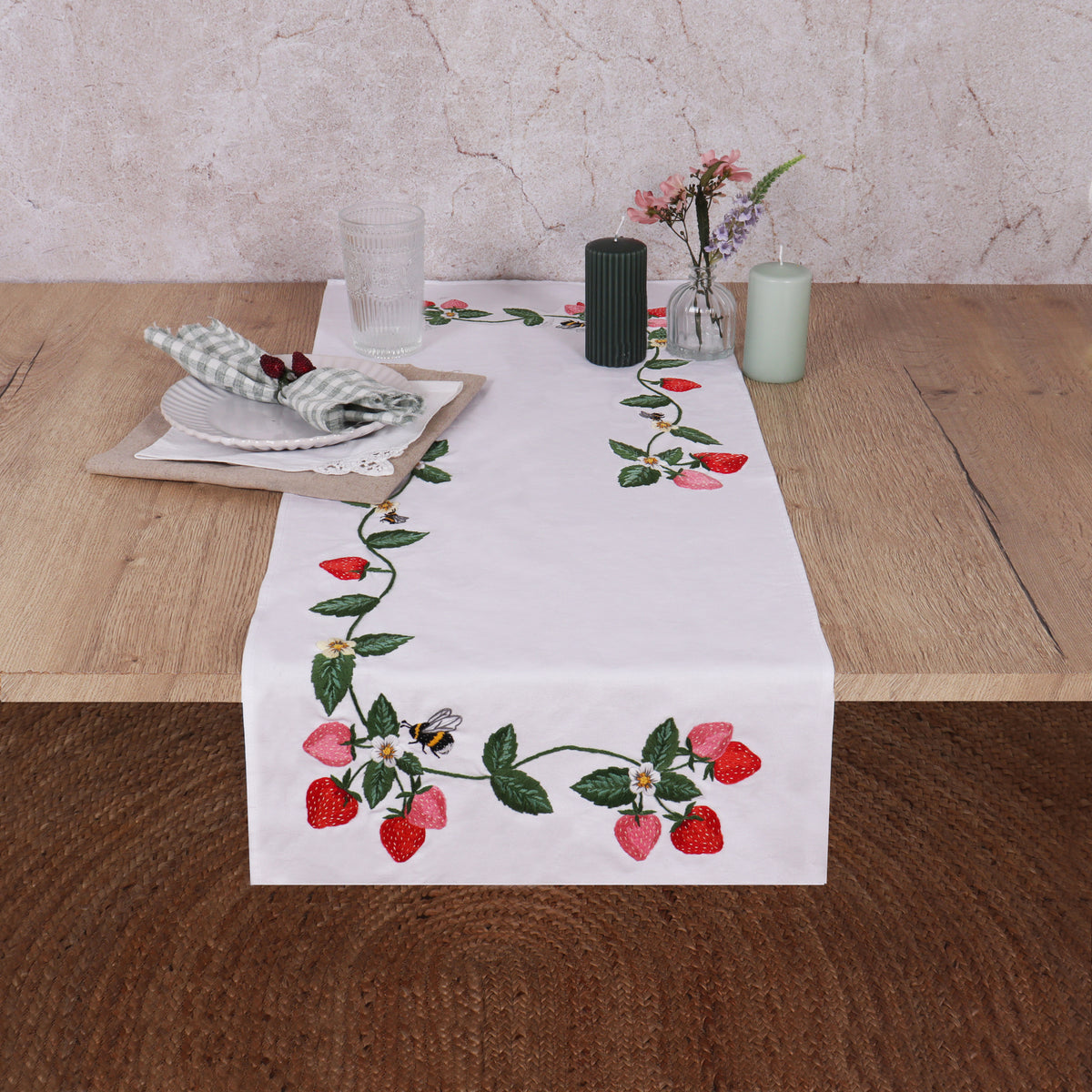 Trimits Strawberries embroidery table runner kit with printed design