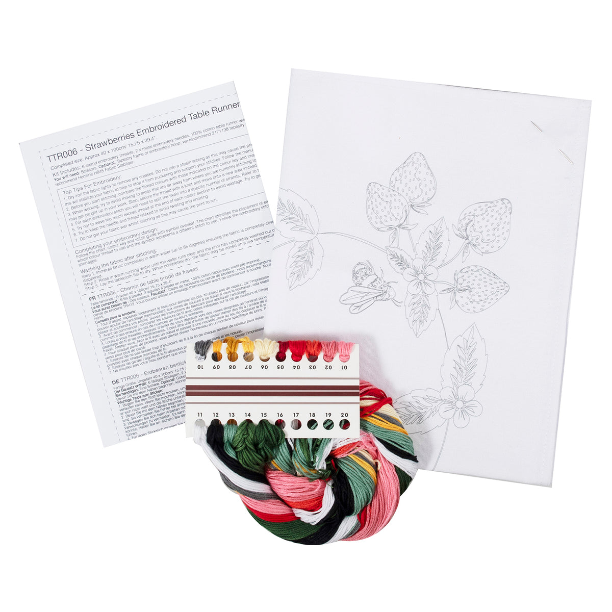 Trimits Strawberries embroidery table runner kit with printed design