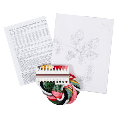 Trimits Strawberries embroidery table runner kit with printed design
