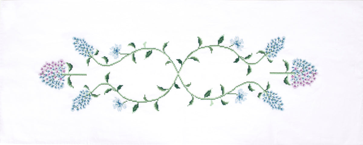 Trimits Hydrangea cross stitch table runner kit with printed design