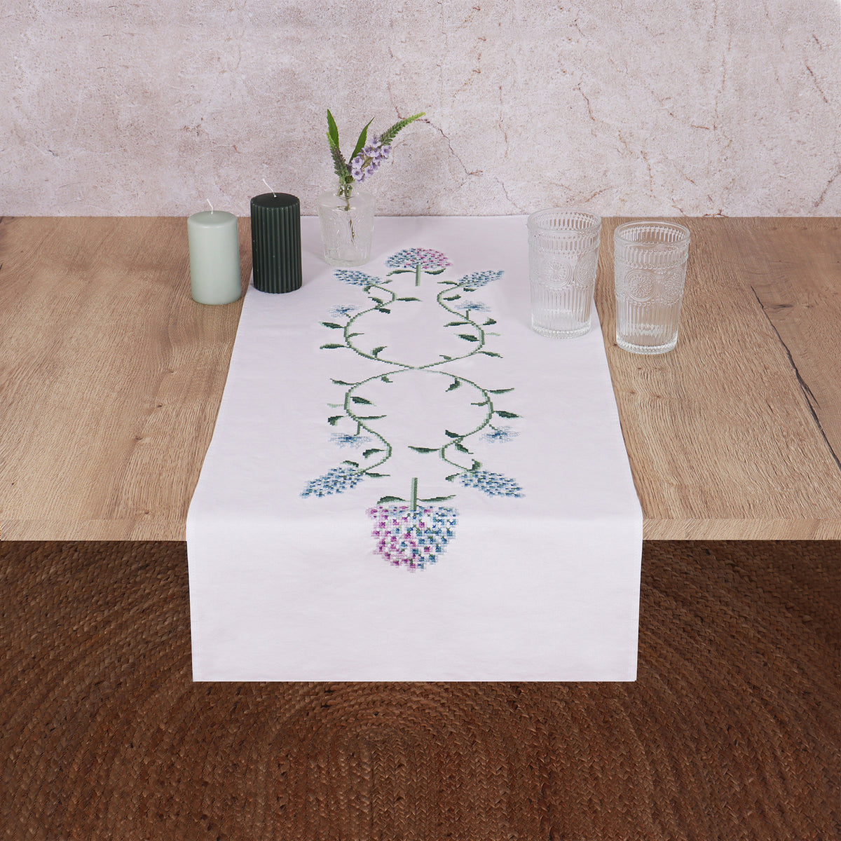 Trimits Hydrangea cross stitch table runner kit with printed design