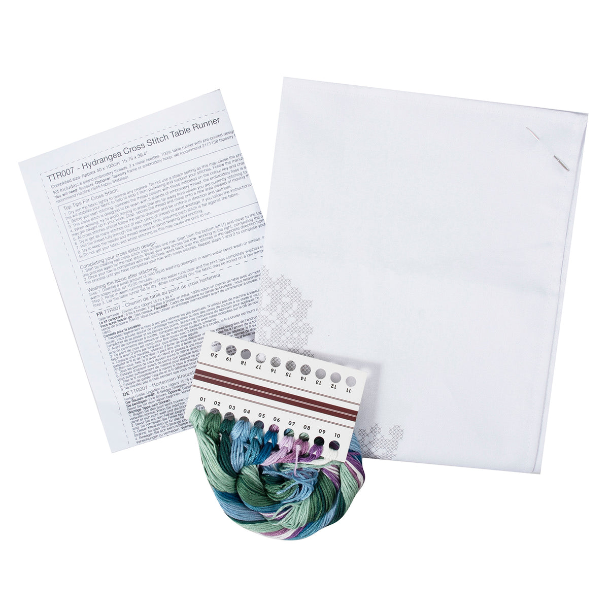 Trimits Hydrangea cross stitch table runner kit with printed design