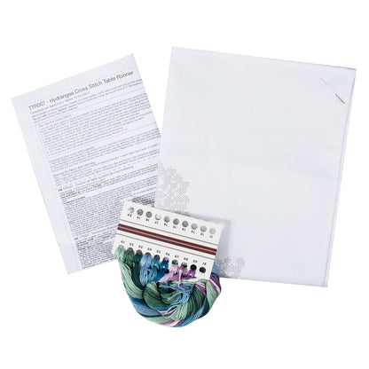 Trimits Hydrangea cross stitch table runner kit with printed design