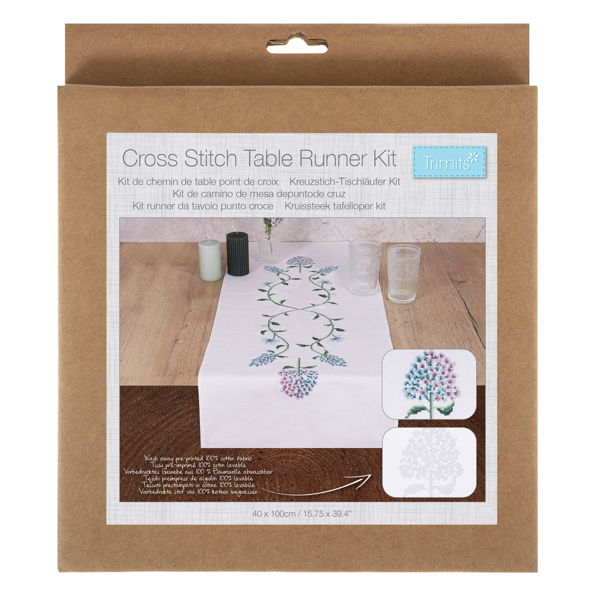 Trimits Hydrangea cross stitch table runner kit with printed design