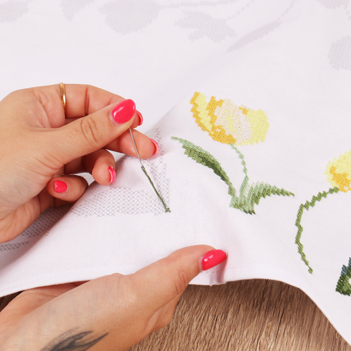 Trimits Tulips cross stitch table runner kit with printed design