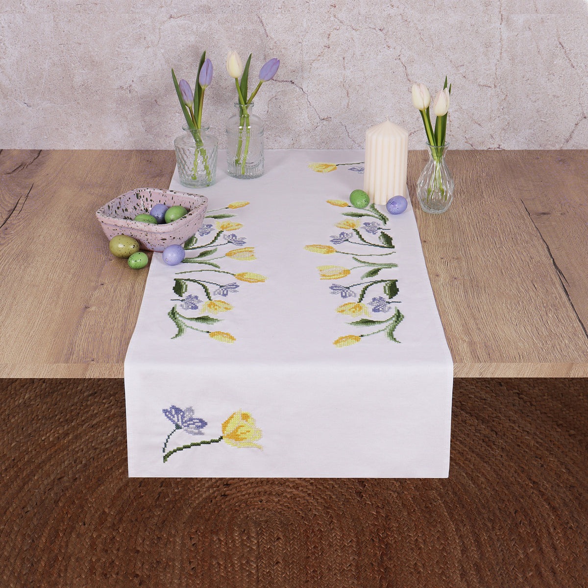 Trimits Tulips cross stitch table runner kit with printed design