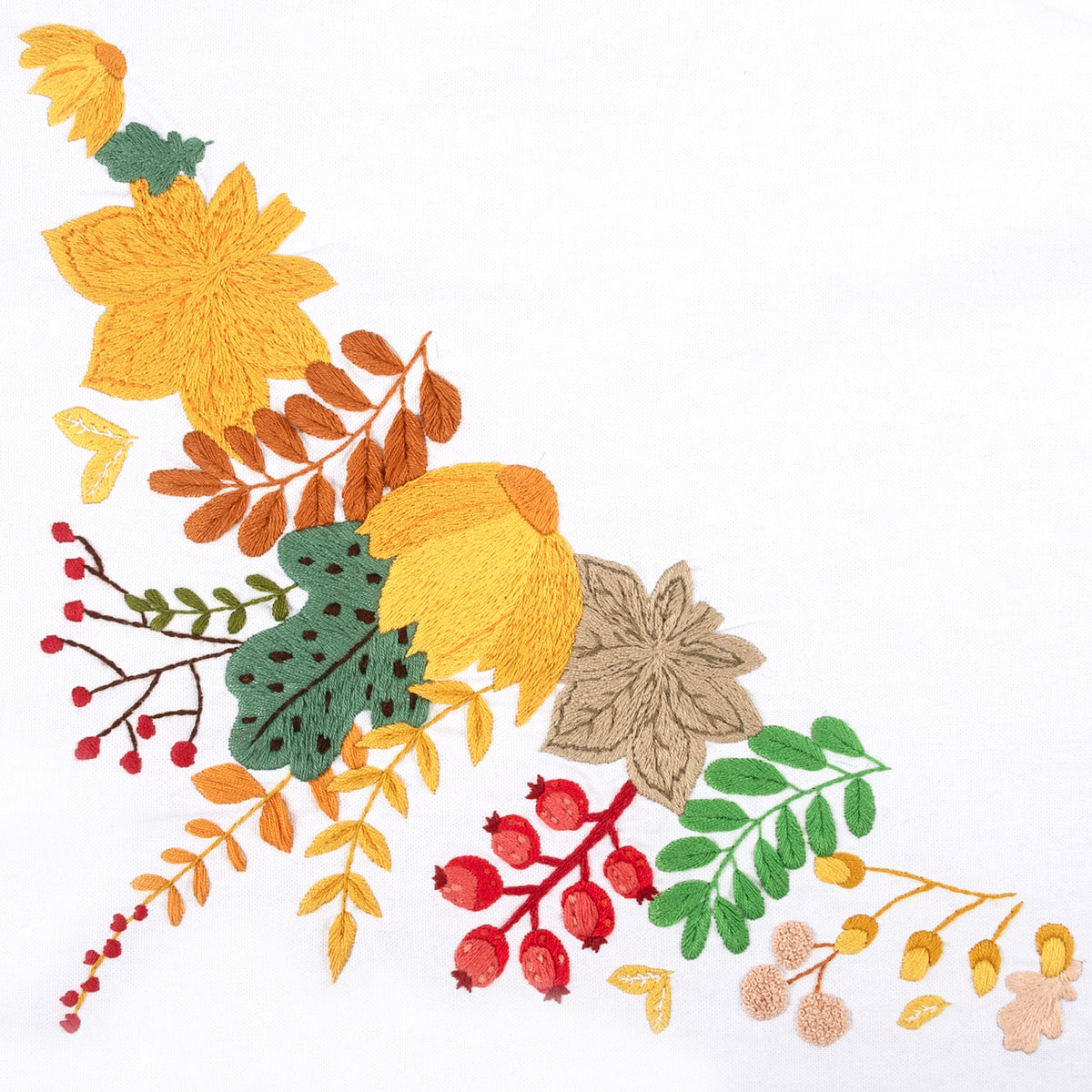Pre-printed cotton table runner with autumnal harvest embroidery design