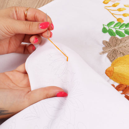 Pre-printed cotton table runner with autumnal harvest embroidery design