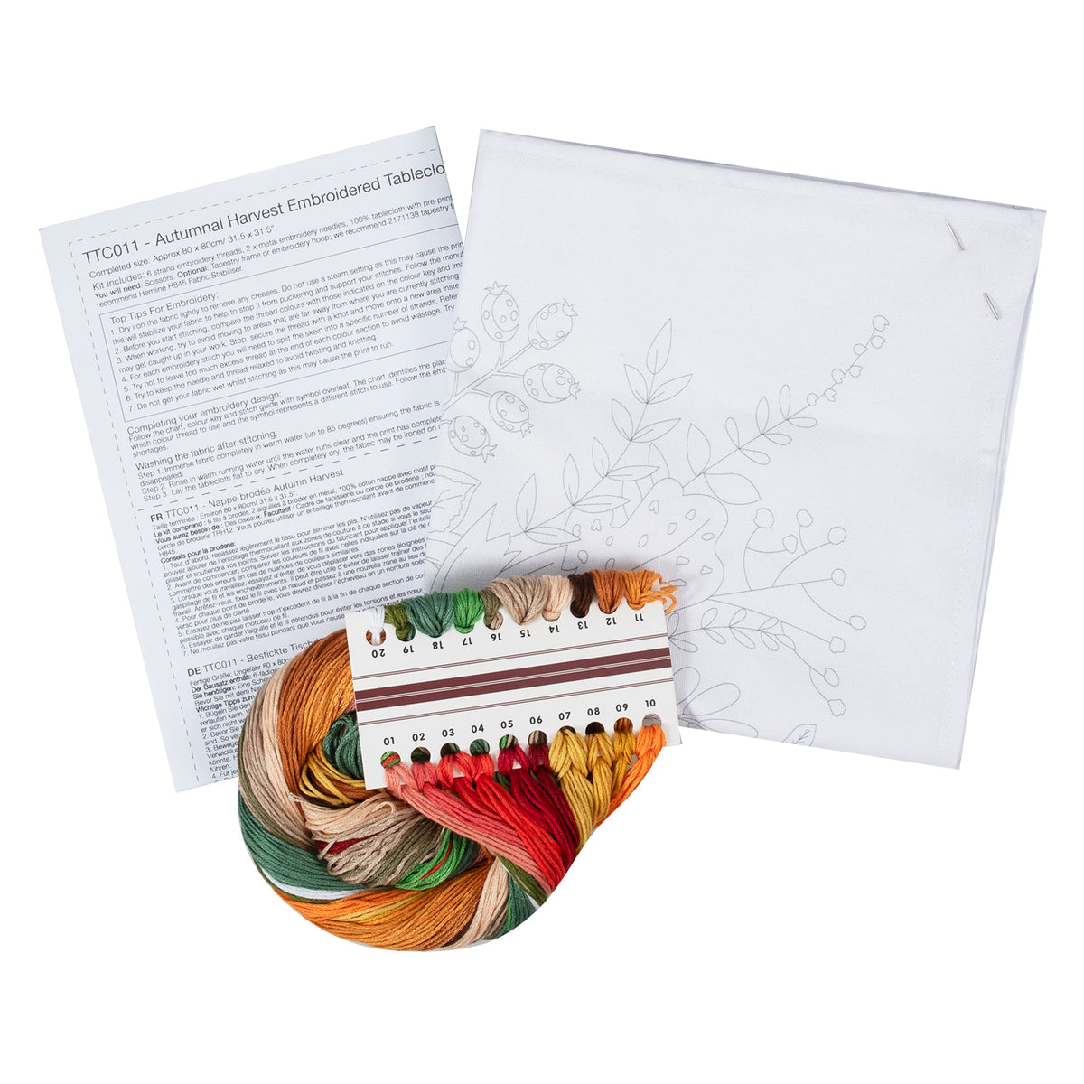 Pre-printed cotton table runner with autumnal harvest embroidery design