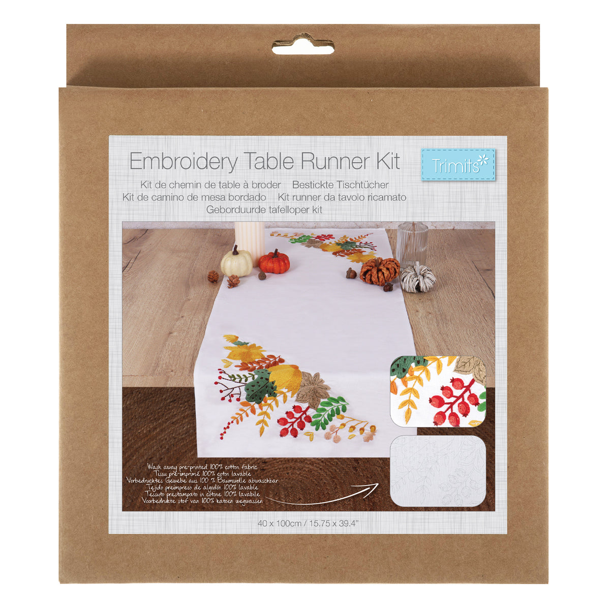 Pre-printed cotton table runner with autumnal harvest embroidery design