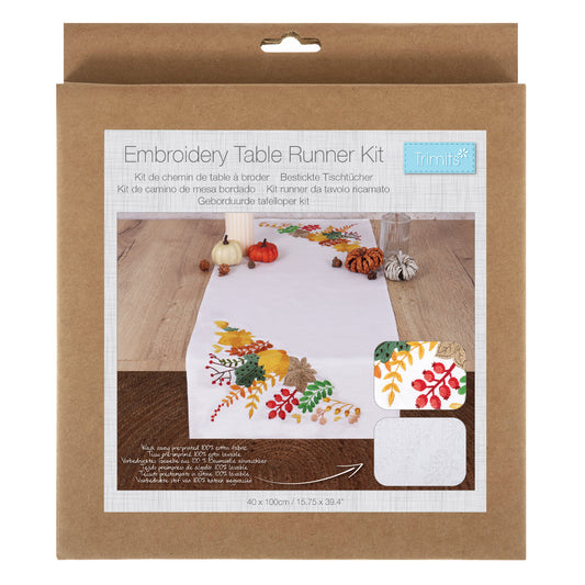Pre-printed cotton table runner with autumnal harvest embroidery design